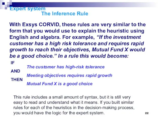 Expert system The Inference Rule With Exsys CORVID, these rules