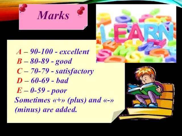Marks A – 90-100 - excellent B – 80-89 -