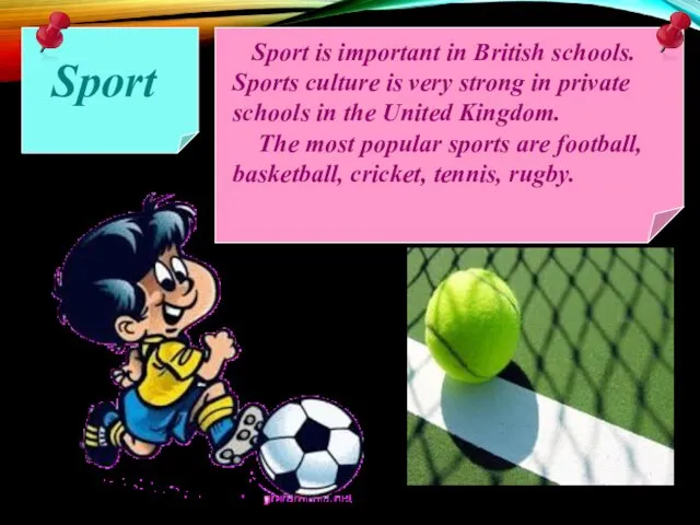 Sport Sport is important in British schools. Sports culture is