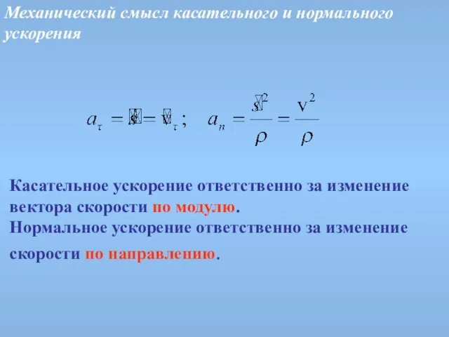 Механический смысл касательного и нормального ускорения Касательное ускорение ответственно за