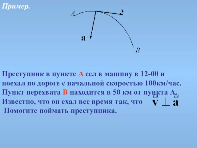 Пример. Преступник в пункте A сел в машину в 12-00