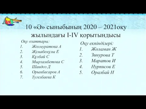 10 «Ә» сыныбының 2020 – 2021оқу жылындағы І-IV қорытындысы Оқу озаттары: Жолмуратова А