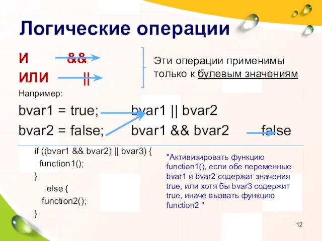 Логические операции И && ИЛИ || Например: bvar1 = true;