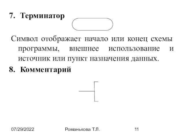 07/29/2022 Романькова Т.Л. Терминатор Символ отображает начало или конец схемы