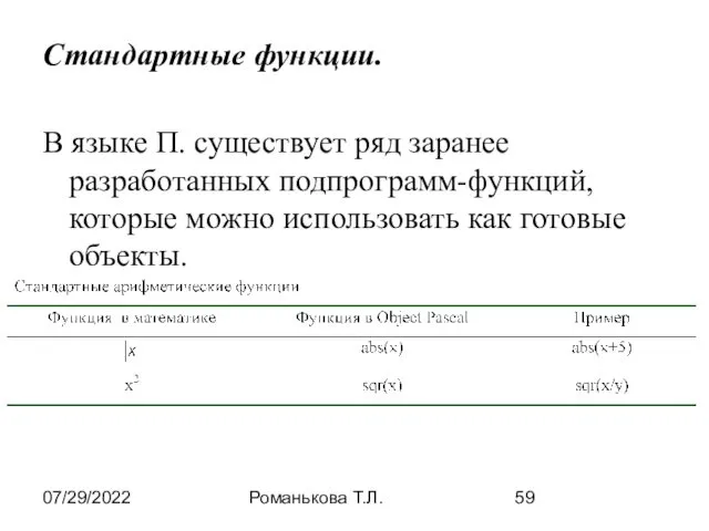 07/29/2022 Романькова Т.Л. Стандартные функции. В языке П. существует ряд
