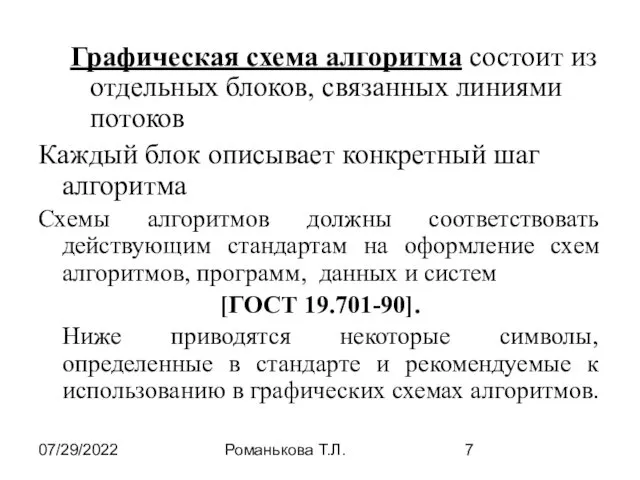 07/29/2022 Романькова Т.Л. Графическая схема алгоритма состоит из отдельных блоков,