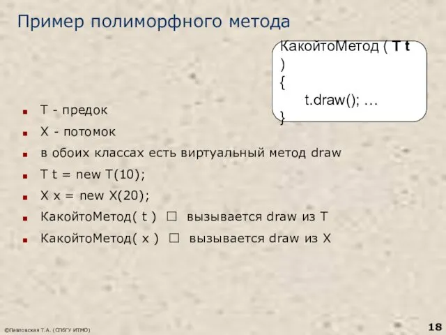 ©Павловская Т.А. (СПбГУ ИТМО) Пример полиморфного метода Т - предок