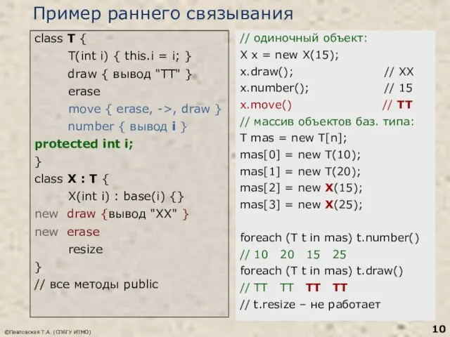 ©Павловская Т.А. (СПбГУ ИТМО) Пример раннего связывания class T {