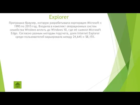 Explorer Программа-браузер, которую разрабатывала корпорация Microsoft с 1995 по 2015