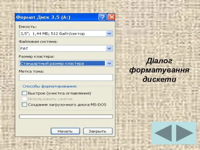 Діалог форматування дискети