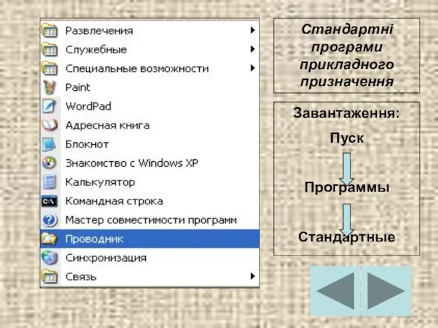 Стандартні програми прикладного призначення Завантаження: Пуск Программы Стандартные