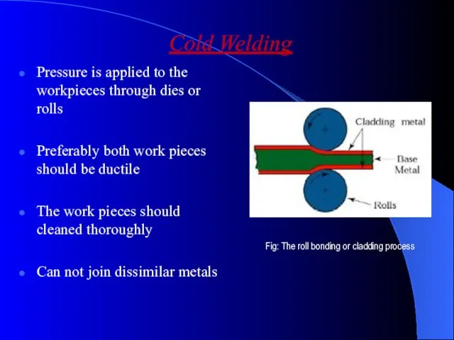 Cold Welding Pressure is applied to the workpieces through dies or rolls Preferably