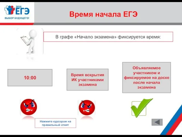 Время начала ЕГЭ Время вскрытия ИК участниками экзамена 10:00 Объявляемое