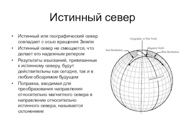 Истинный север Истинный или географический север совпадает с осью вращения