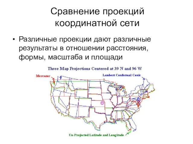 Сравнение проекций координатной сети Различные проекции дают различные результаты в отношении расстояния, формы, масштаба и площади