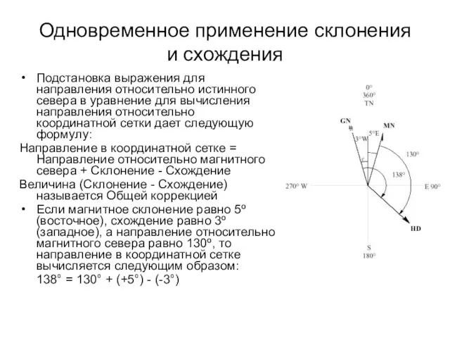 Одновременное применение склонения и схождения Подстановка выражения для направления относительно