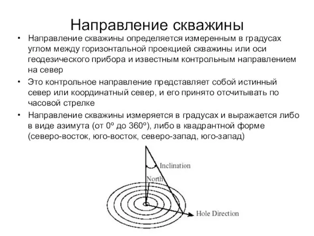 Направление скважины Направление скважины определяется измеренным в градусах углом между