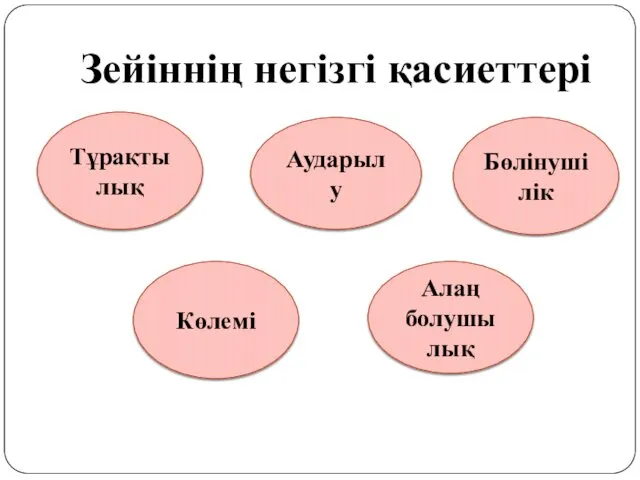 Зейіннің негізгі қасиеттері Тұрақтылық Аударылу Көлемі Алаң болушылық Бөлінушілік