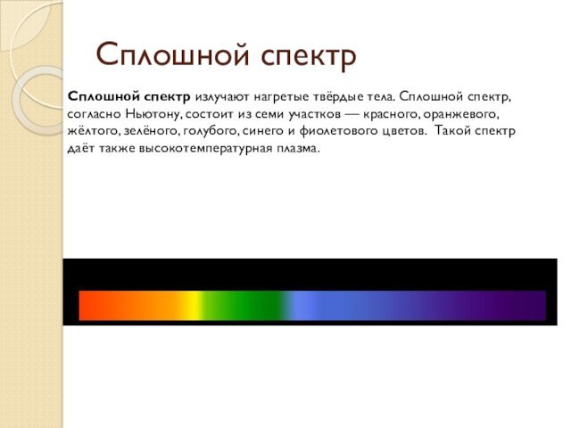 Сплошной спектр излучают нагретые твёрдые тела. Сплошной спектр, согласно Ньютону, состоит из семи