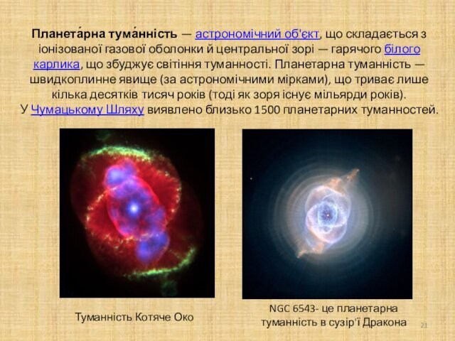 Туманність Котяче ОкоNGC 6543- це планетарна туманність в сузір'ї ДраконаПланета́рна тума́нність — астрономічний об'єкт, що складається з