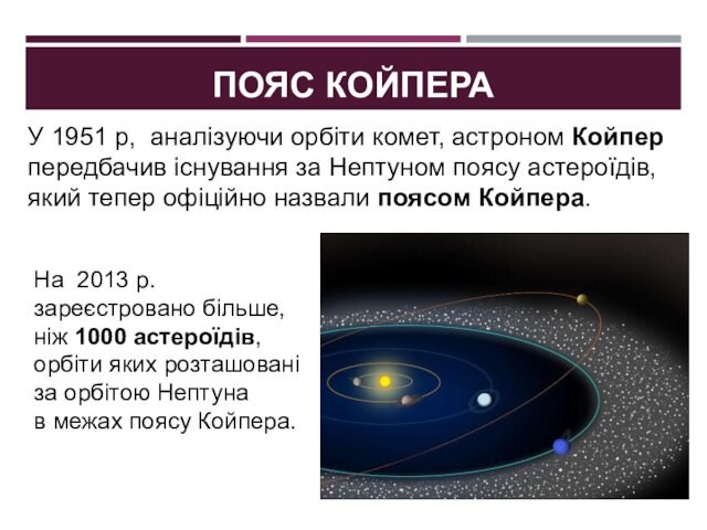 ПОЯС КОЙПЕРАУ 1951 р, аналізуючи орбіти комет, астроном Койпер передбачив існування за Нептуном поясу астероїдів,