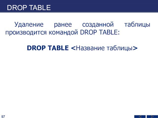 DROP TABLEУдаление ранее созданной таблицы производится командой DROP TABLE:DROP TABLE