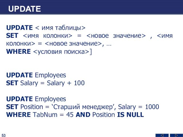 UPDATEUPDATE < имя таблицы>SET = , = , …WHERE ]UPDATE Employees SET Salary = Salary