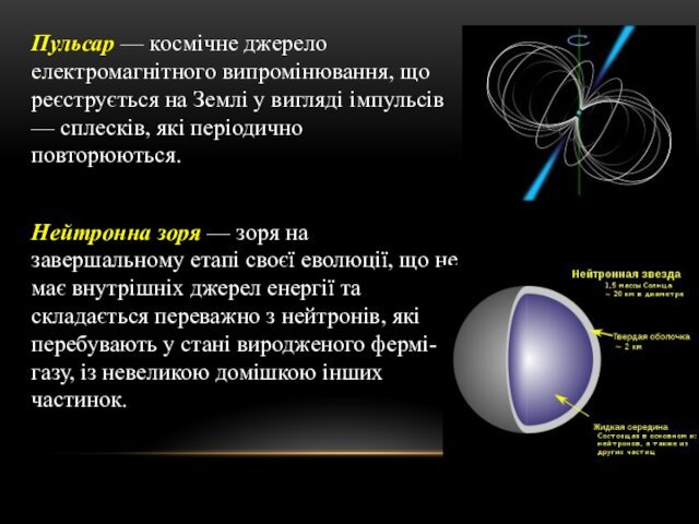 Пульсар — космічне джерело електромагнітного випромінювання, що реєструється на Землі у вигляді
