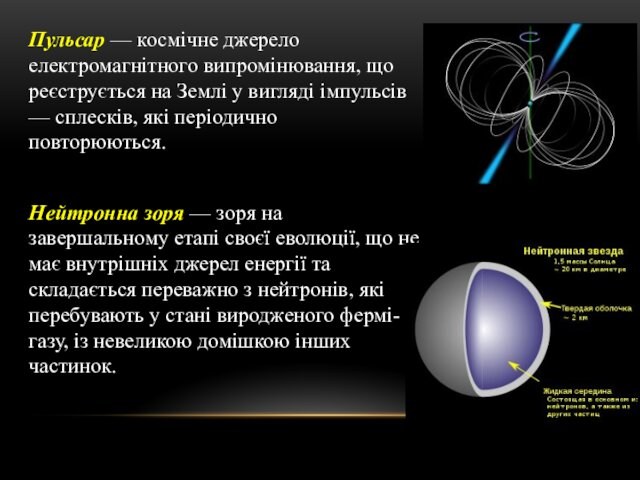 Пульсар — космічне джерело електромагнітного випромінювання, що реєструється на Землі у вигляді імпульсів — сплесків,