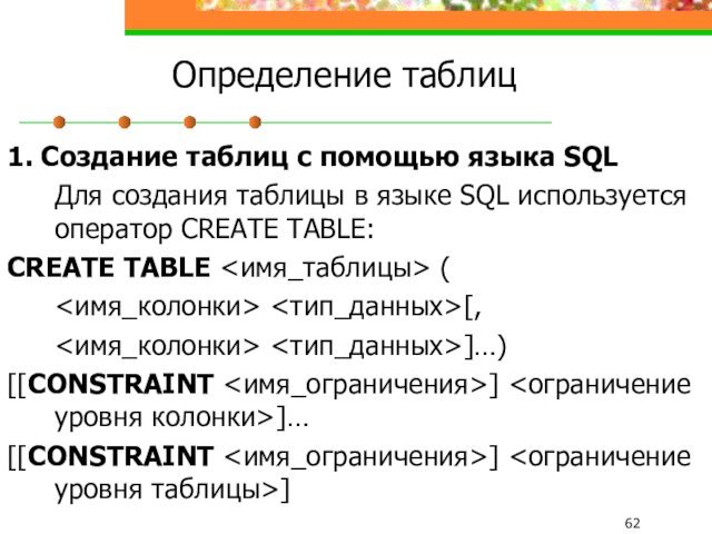 Определение таблиц1. Создание таблиц с помощью языка SQL	Для создания таблицы в языке