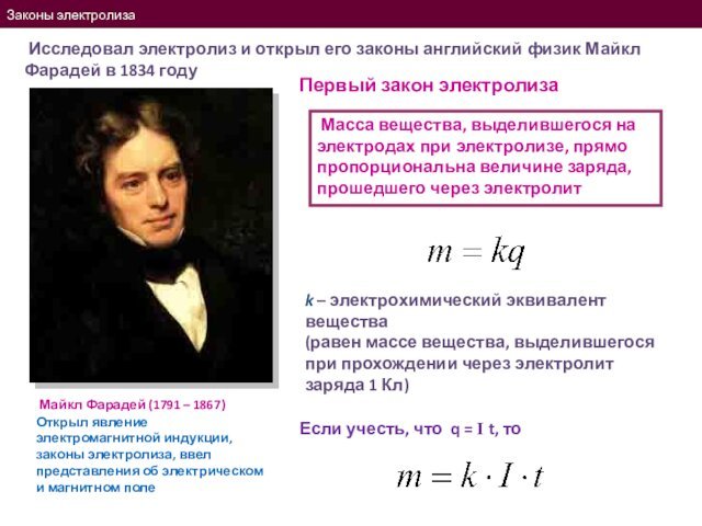 Законы электролиза  Исследовал электролиз и открыл его законы английский физик Майкл