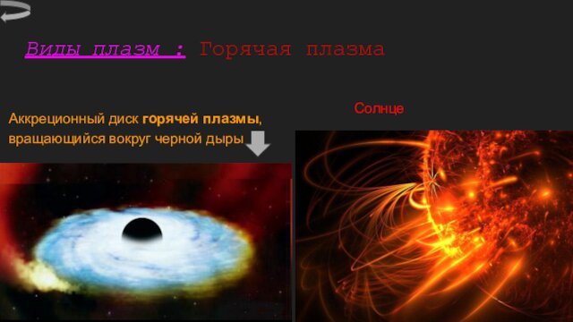 Виды плазм : Горячая плазмаАккреционный диск горячей плазмы, вращающийся вокруг черной дырыСолнце