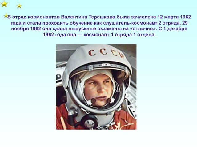 В отряд космонавтов Валентина Терешкова была зачислена 12 марта 1962 года и