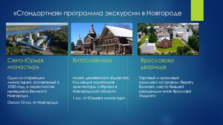«Стандартная» программа экскурсии в НовгородеСвято-Юрьев монастырьОдин из старейших монастырей, основанный в 1030 гоуд, в окрестностях