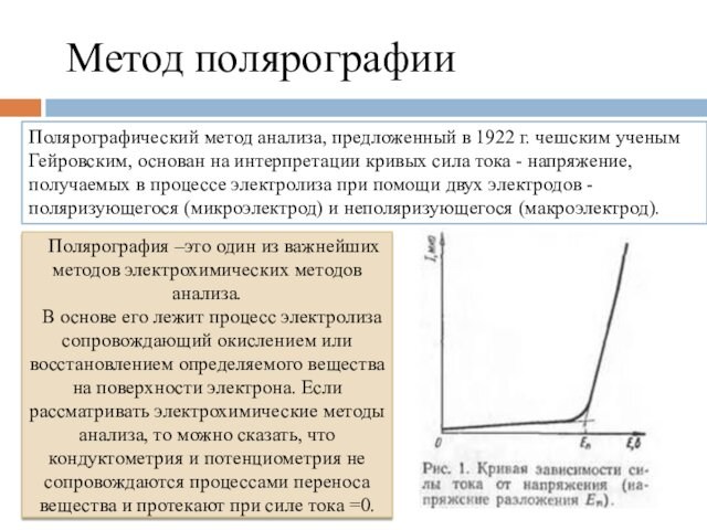 Метод полярографии Полярографический метод анализа, предложенный в 1922 г. чешским ученым Гейровским, основан на