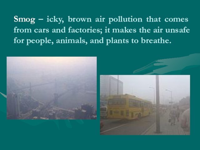 and factories; it makes the air unsafe for people, animals, and plants to breathe.