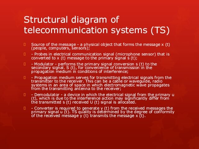 Structural diagram of telecommunication systems (TS)Source of the message - a physical object that forms