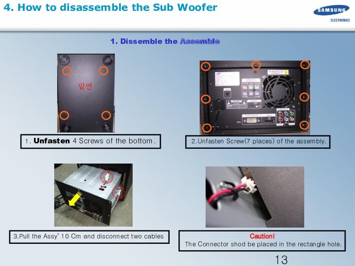 4. How to disassemble the Sub Woofer1. Unfasten 4 Screws of the bottom.밑면1. Dissemble the