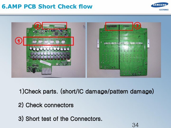 6.AMP PCB Short Check flow  1)Check parts. (short/IC damage/pattern damage)  2) Check connectors