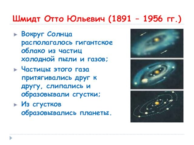 Шмидт Отто Юльевич (1891 – 1956 гг.)Вокруг Солнца располагалось гигантское облако из частиц холодной пыли