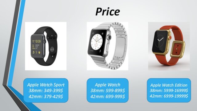 Apple Watch Sport38mm: 349-399$42mm: 379-429$Apple Watch38mm: 599-899$42mm: 699-999$Apple Watch Edition38mm: 5999-16999$42mm: 6999-19999$Price