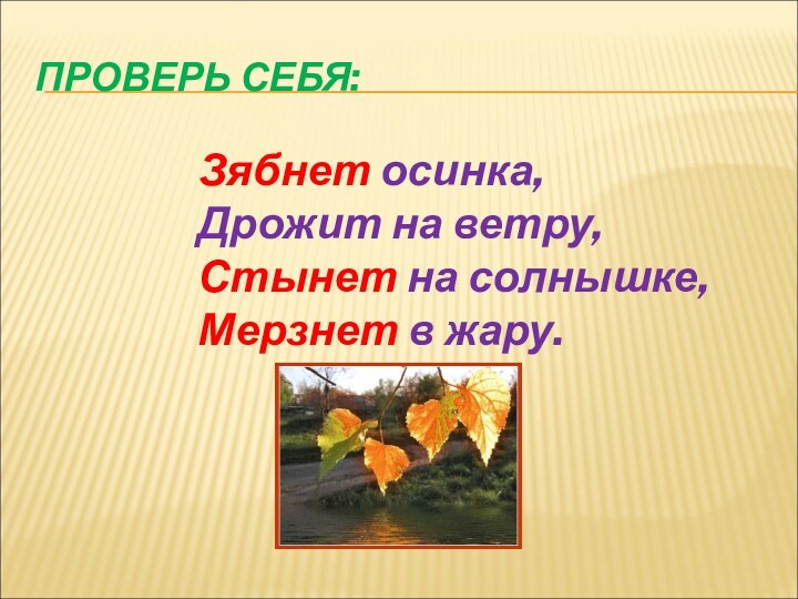 ПРОВЕРЬ СЕБЯ: Зябнет осинка,
 Дрожит на ветру,
 Стынет на солнышке,
 Мерзнет в жару.