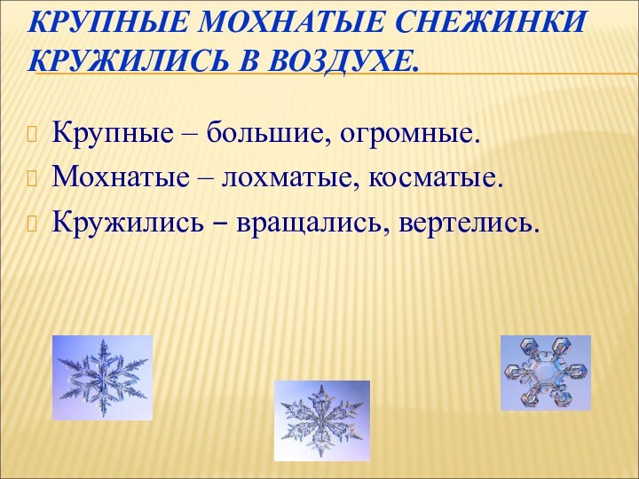 КРУПНЫЕ МОХНАТЫЕ СНЕЖИНКИ КРУЖИЛИСЬ В ВОЗДУХЕ.Крупные – большие, огромные.Мохнатые – лохматые, косматые. Кружились – вращались, вертелись.