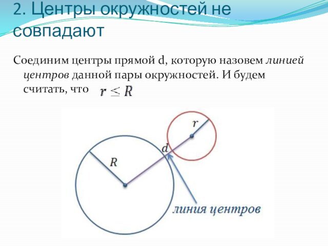 2. Центры окружностей не совпадаютСоединим центры прямой d, которую назовем линией центров