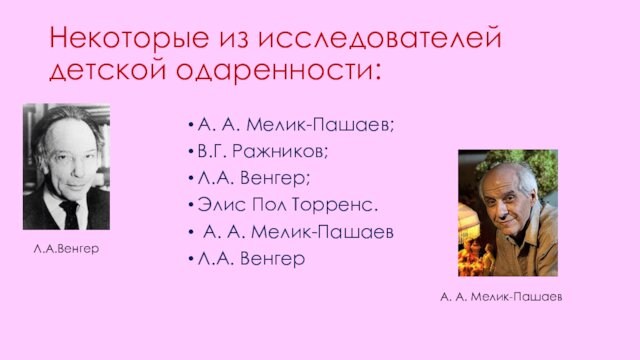 Некоторые из исследователей детской одаренности:А. А. Мелик-Пашаев; В.Г. Ражников; Л.А. Венгер; Элис Пол Торренс. А.