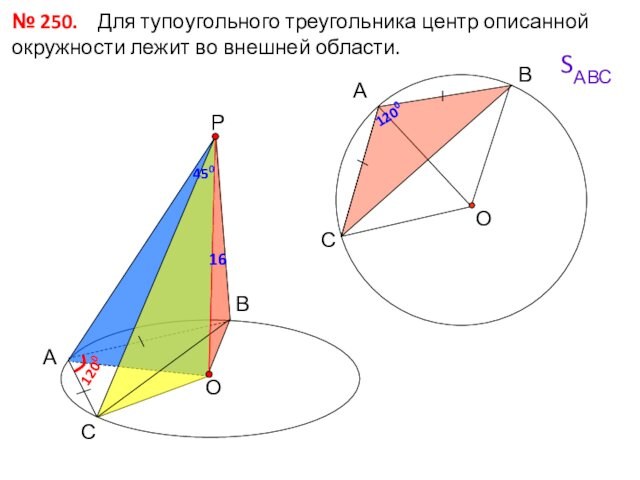 № 250.  Для тупоугольного треугольника центр описанной окружности лежит во внешней области.  А