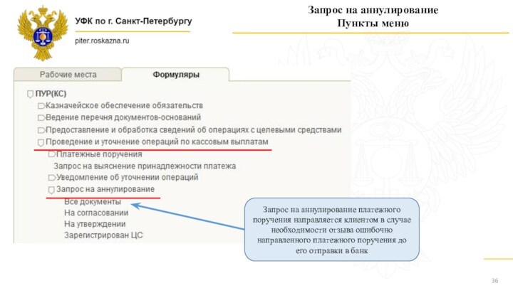 Запрос на аннулированиеПункты менюЗапрос на аннулирование платежного поручения направляется клиентом в случае необходимости отзыва ошибочно