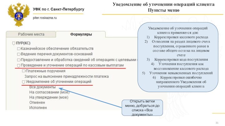 Уведомление об уточнении операций клиентаПункты менюУведомление об уточнении операций клиента применяется для:Корректировки кассового расходаОтнесения на