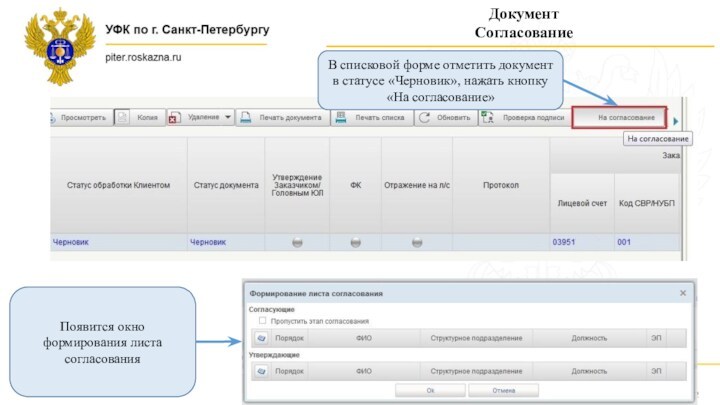 ДокументСогласованиеВ списковой форме отметить документ в статусе «Черновик», нажать кнопку «На согласование»Появится окно формирования листа согласования