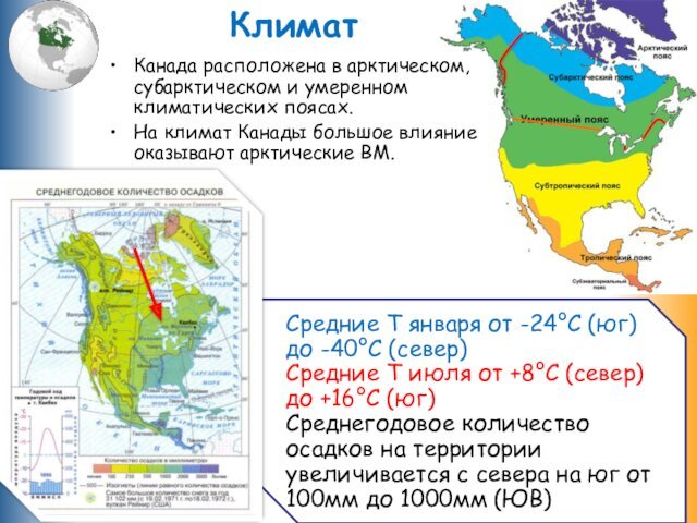 КлиматКанада расположена в арктическом, субарктическом и умеренном климатических поясах.На климат Канады большое
